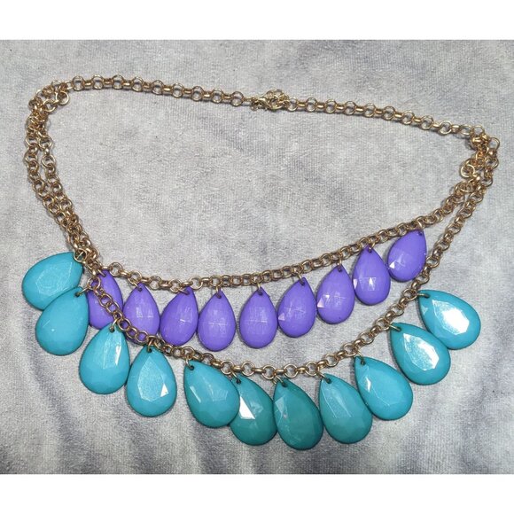 90s Themed Purple And Turquoise Gemmed Layered Fringe Necklace - Picture 6 of 6